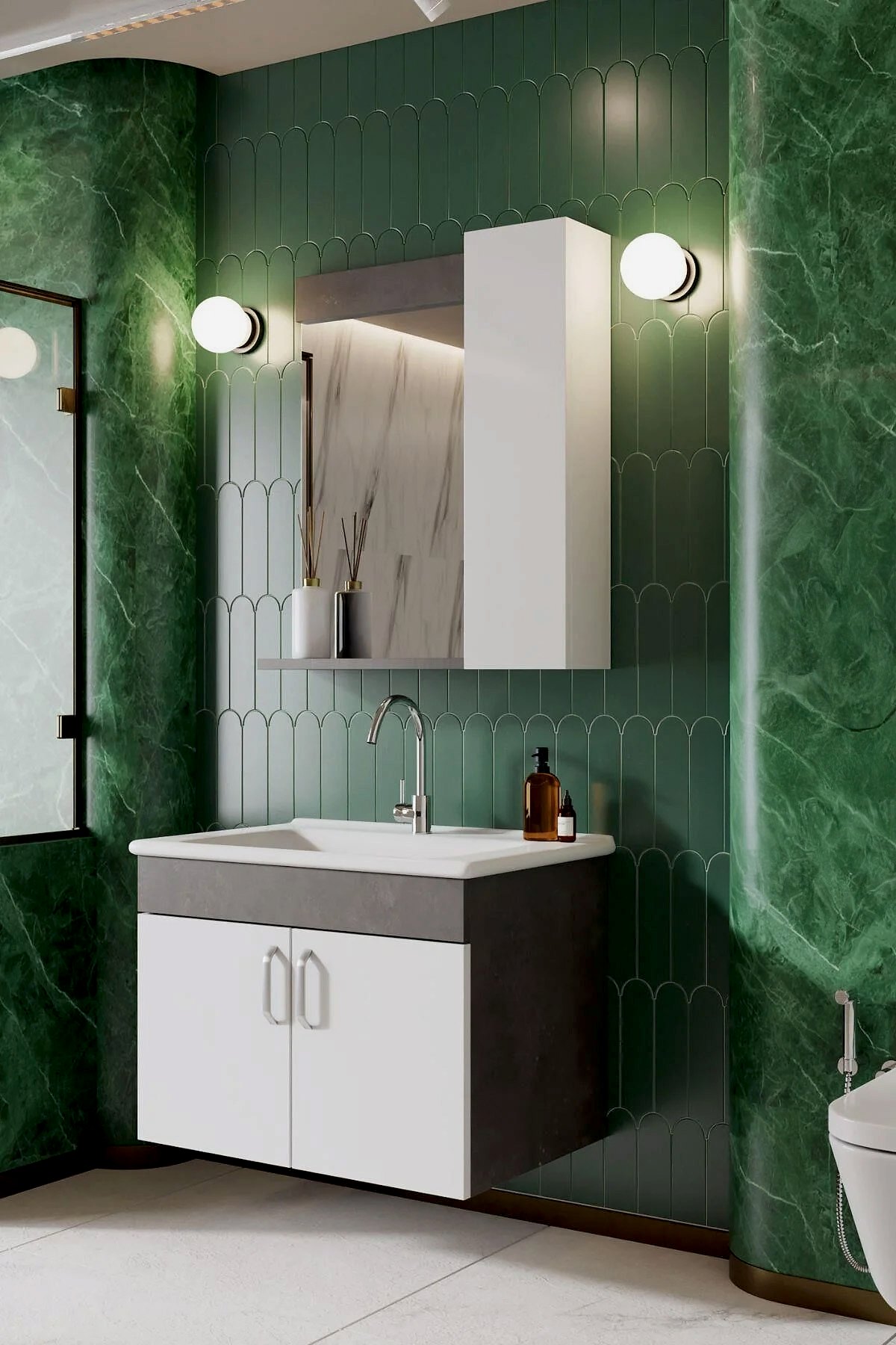Karen Banyo Gumus 65 CM Lavabolu Banyo Dolabı Retro Gumus Beyaz - Mekan Kapı 