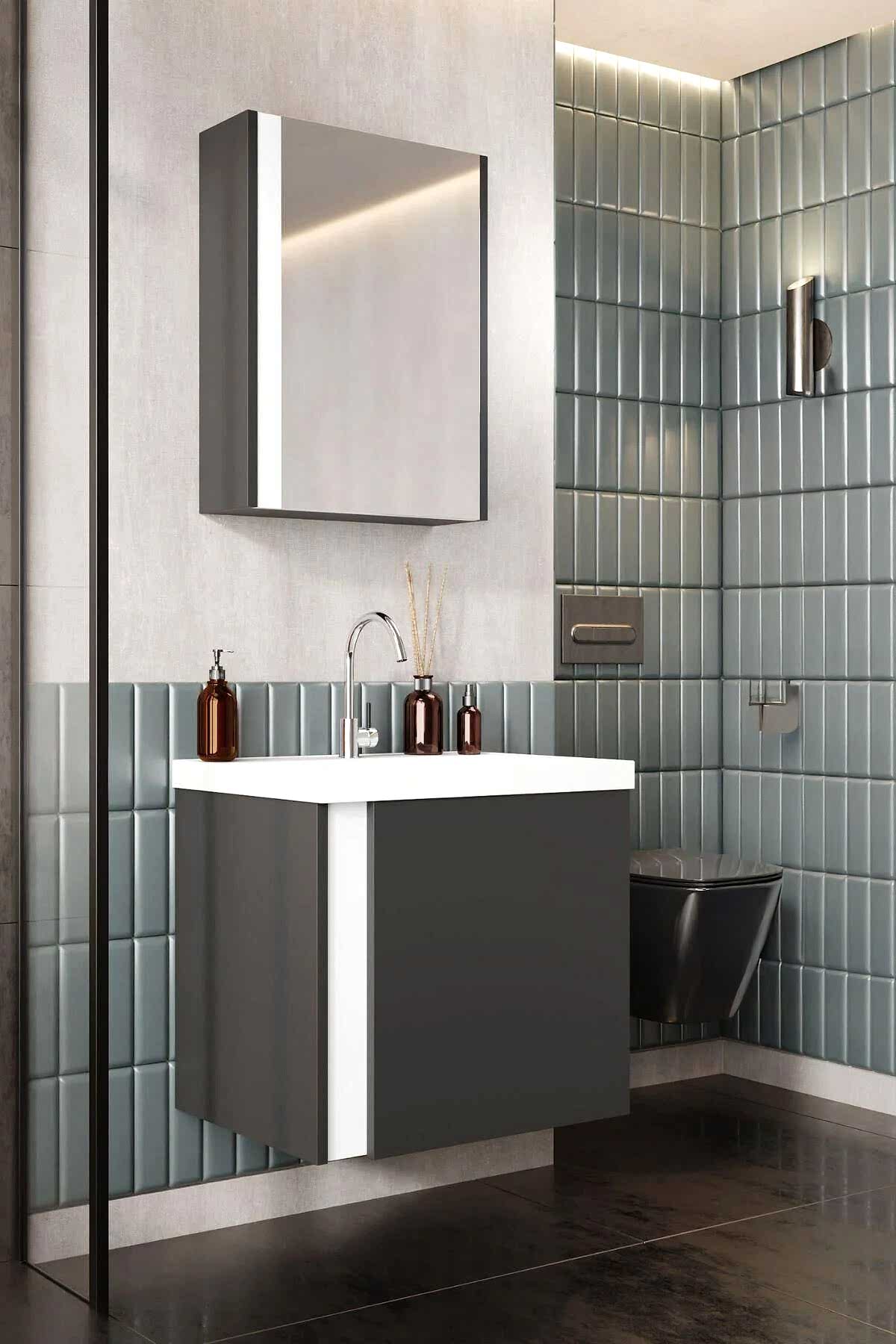 Karen Banyo Kemer 60 CM Lavabolu Aynalı Banyo Dolabı Mat Antrasit - Mekan Kapı 
