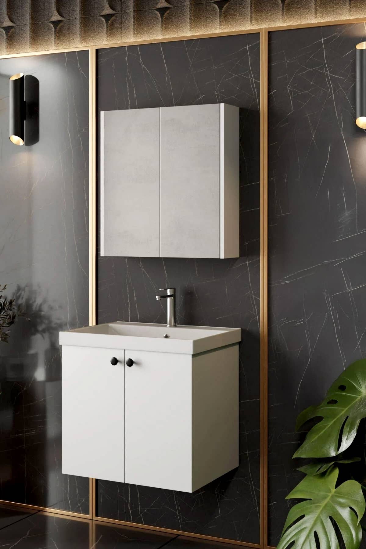 Karen Banyo Mimoza 60 CM Lavabolu Aynalı Banyo Dolabı Seti - Mekan Kapı 