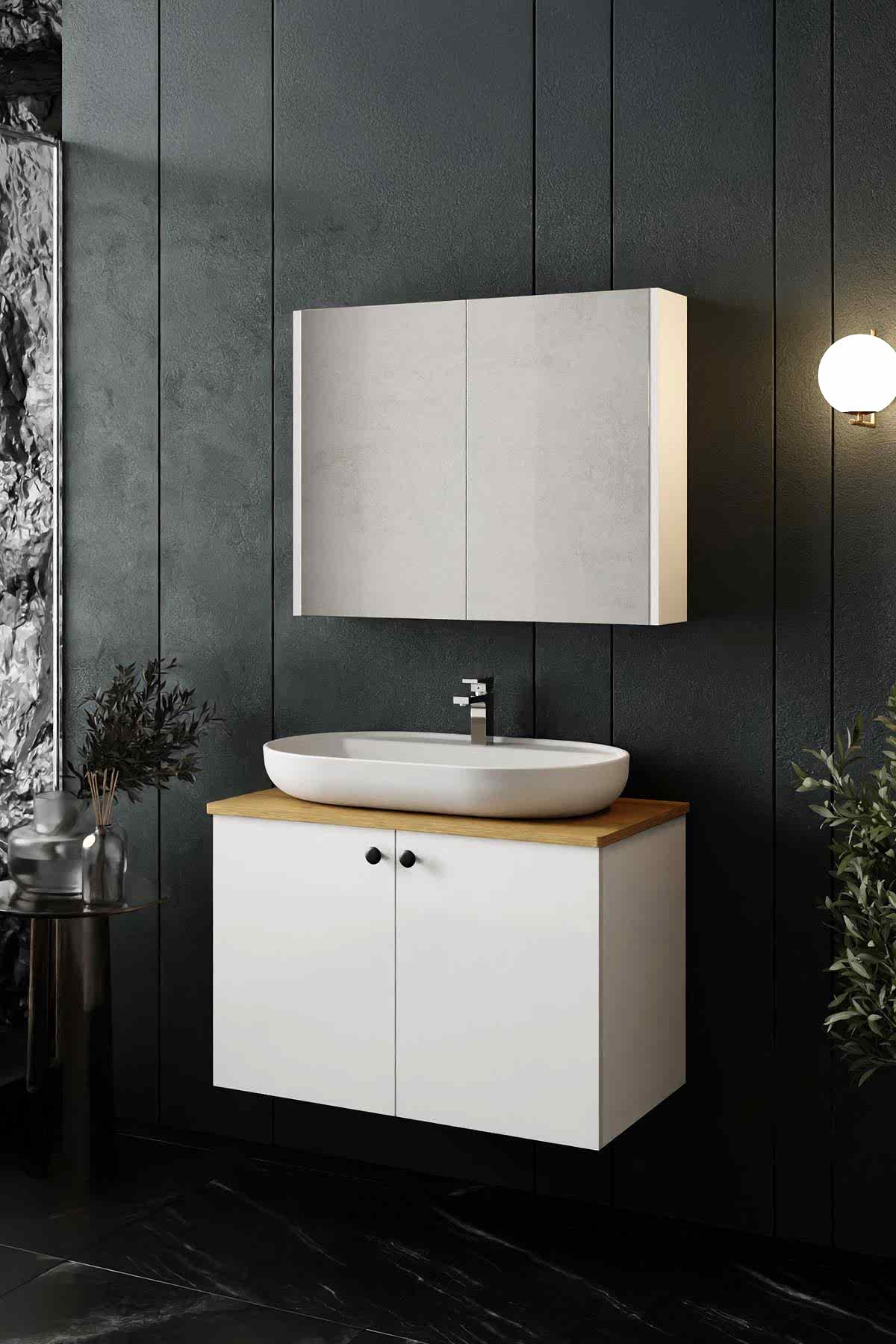 Beyaz Tezgahlı Banyo Dolabı Takimi 80 CM - Mekan Kapı 