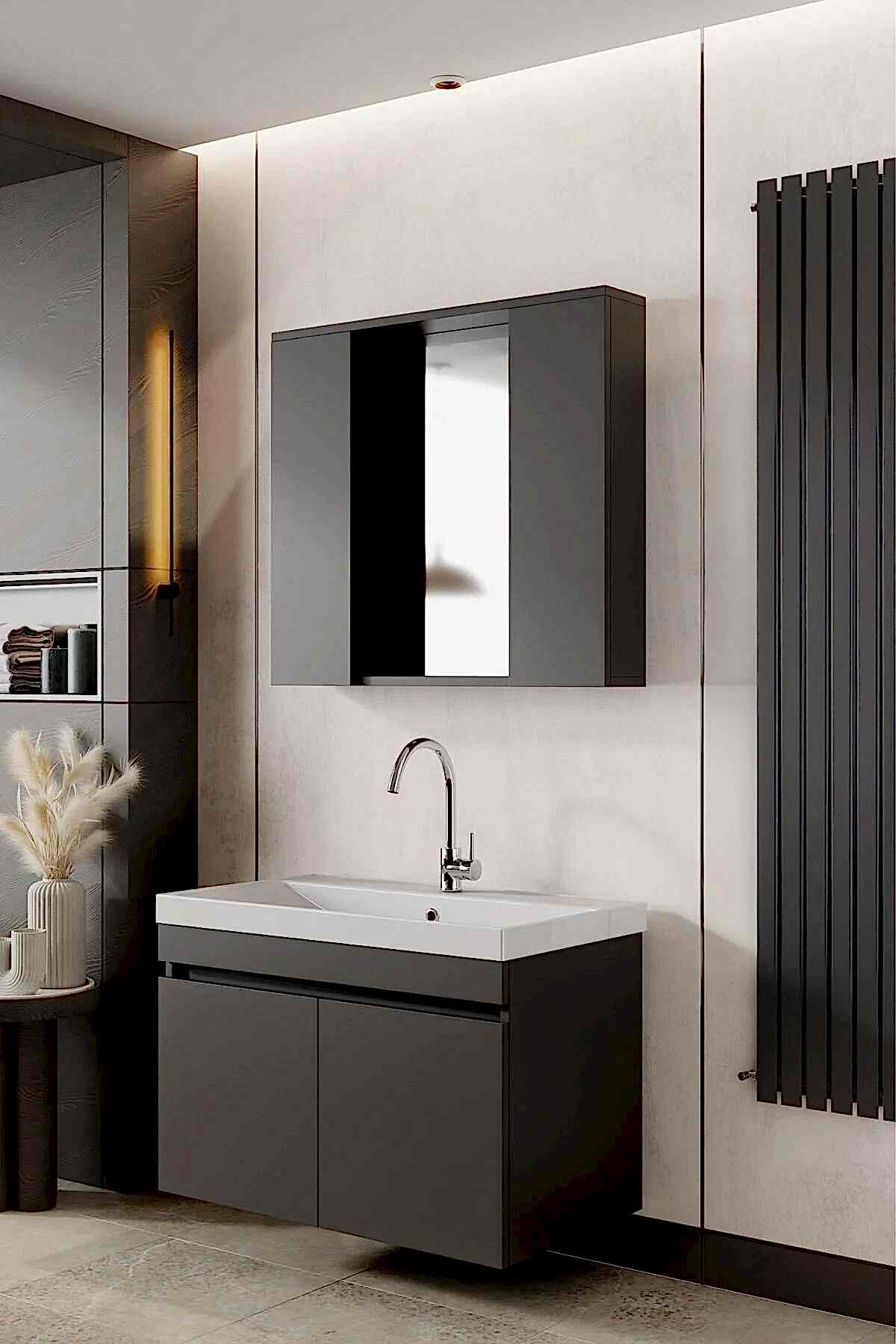 Karen Banyo Arya Banyo Dolabı Seti 80 CM Mat Antrasit - Mekan Kapı 