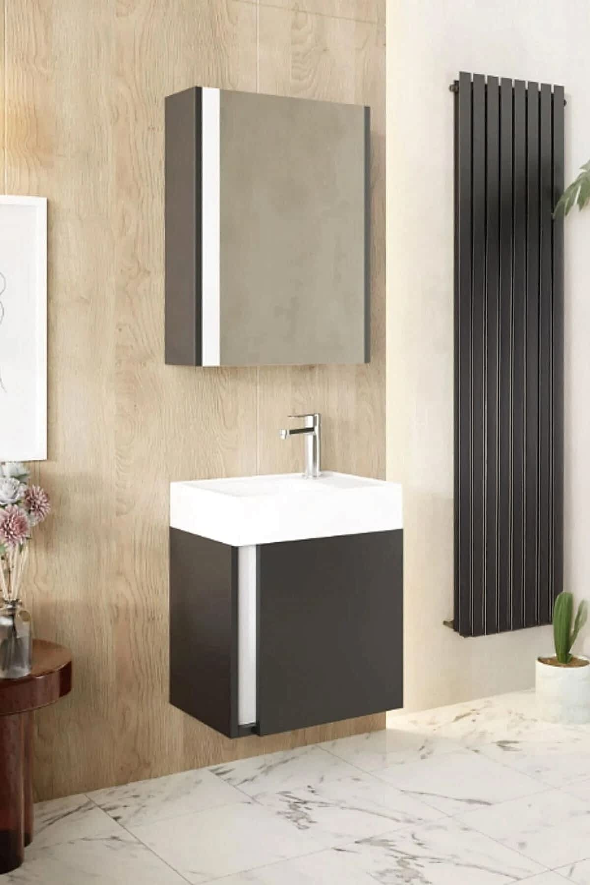 Karen Banyo Kemer 45 CM Lavabolu Aynalı Banyo Dolabı Mat Antrasit - Mekan Kapı 